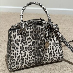 Guess Black and White Leopard-Print Satchel with Gold Charm